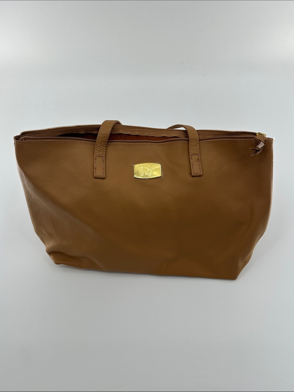 Joy Mangano Tan Leather Tote with Gold Plaque